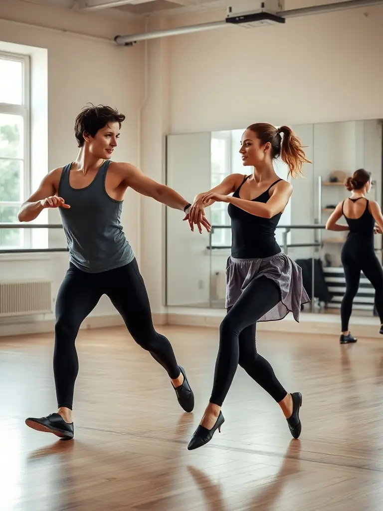A photograph capturing dancers in mid-performance during a contemporary dance workshop, showcasing intense focus and collaboration.