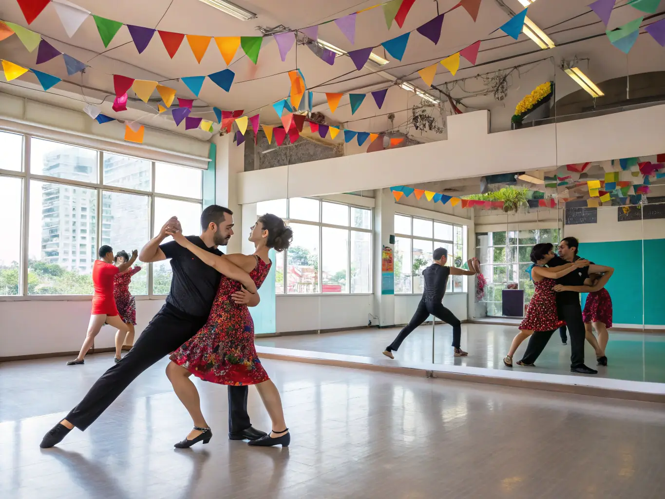 A vibrant photograph capturing dancers in mid-performance during a choreographic workshop, showcasing the energy and collaborative spirit of Entrechats 17's educational programs.