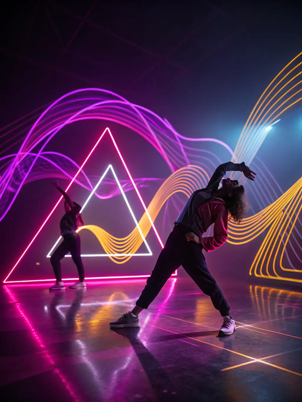 A vibrant image of the 'Spring Dance Gala' poster, featuring abstract shapes and colors that evoke movement and energy, set against a minimalist background.