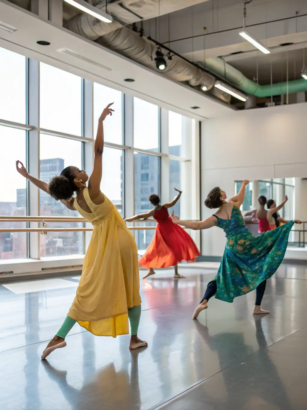A photograph capturing a rehearsal scene for 'Rhythms of Rochefort, ' showcasing dancers in motion with the historic Rochefort backdrop visible through the studio windows.