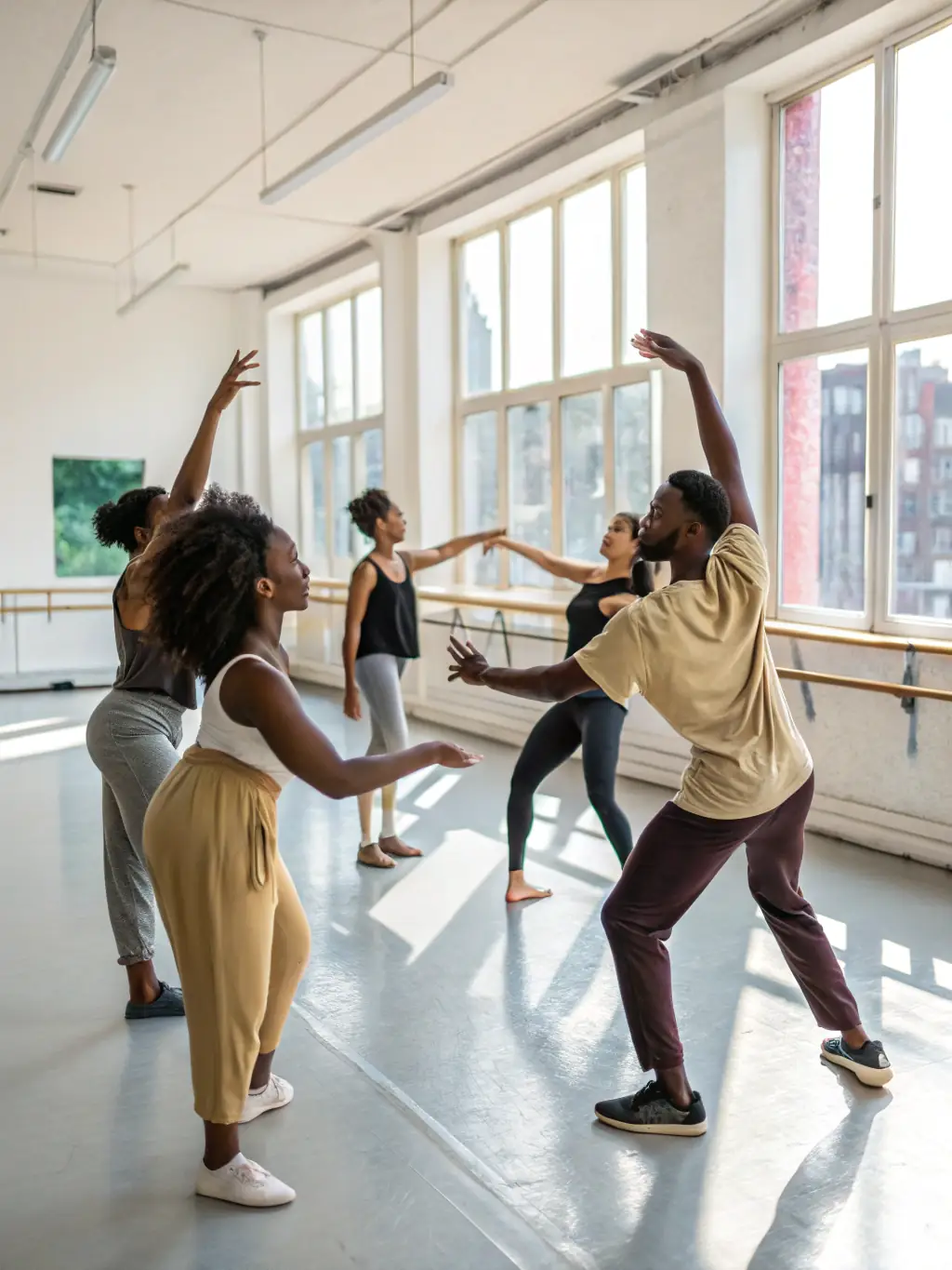 A photo of a diverse group of dancers rehearsing for a community performance, showcasing the energy and excitement of the event.