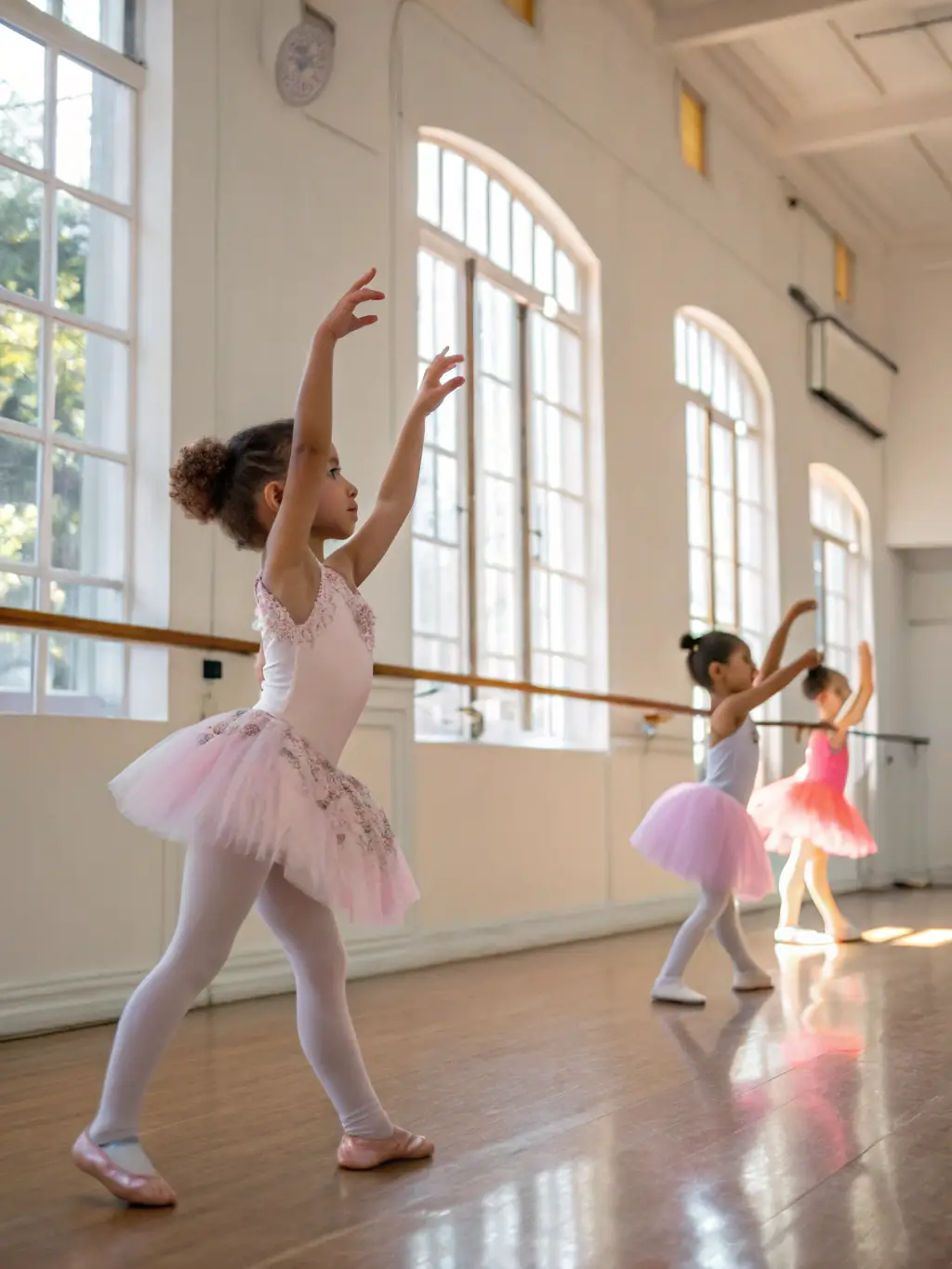 A vibrant image of children participating in a beginner's ballet class, with the instructor guiding them through basic positions.
