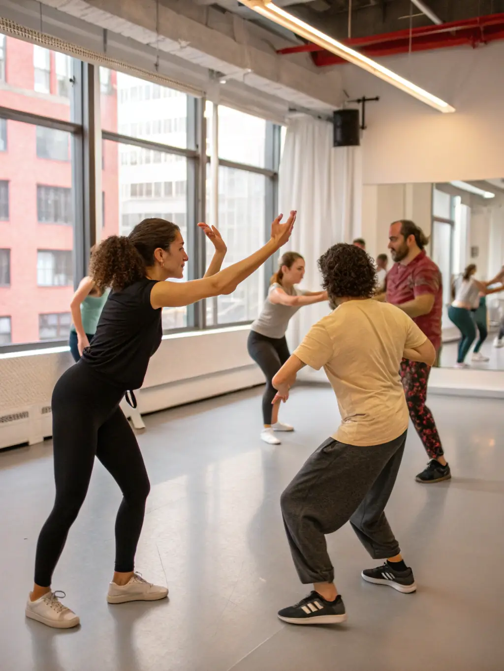 A candid shot of a community dance workshop in full swing, with participants of all ages and abilities learning basic choreography from a professional instructor.